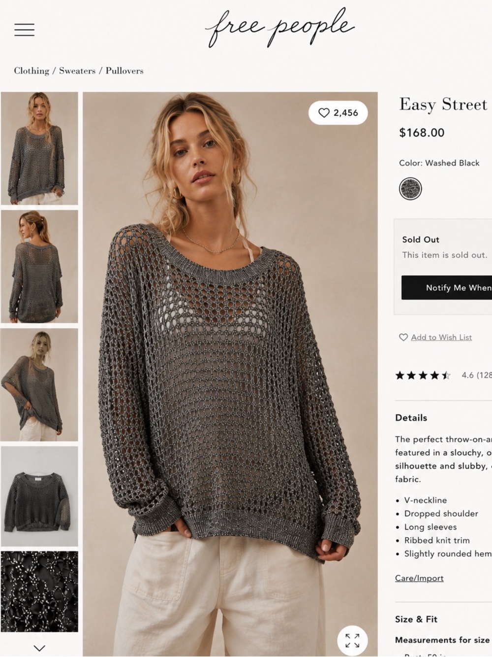 Free People Washed Black Open-Knit V-Neck Sweater
